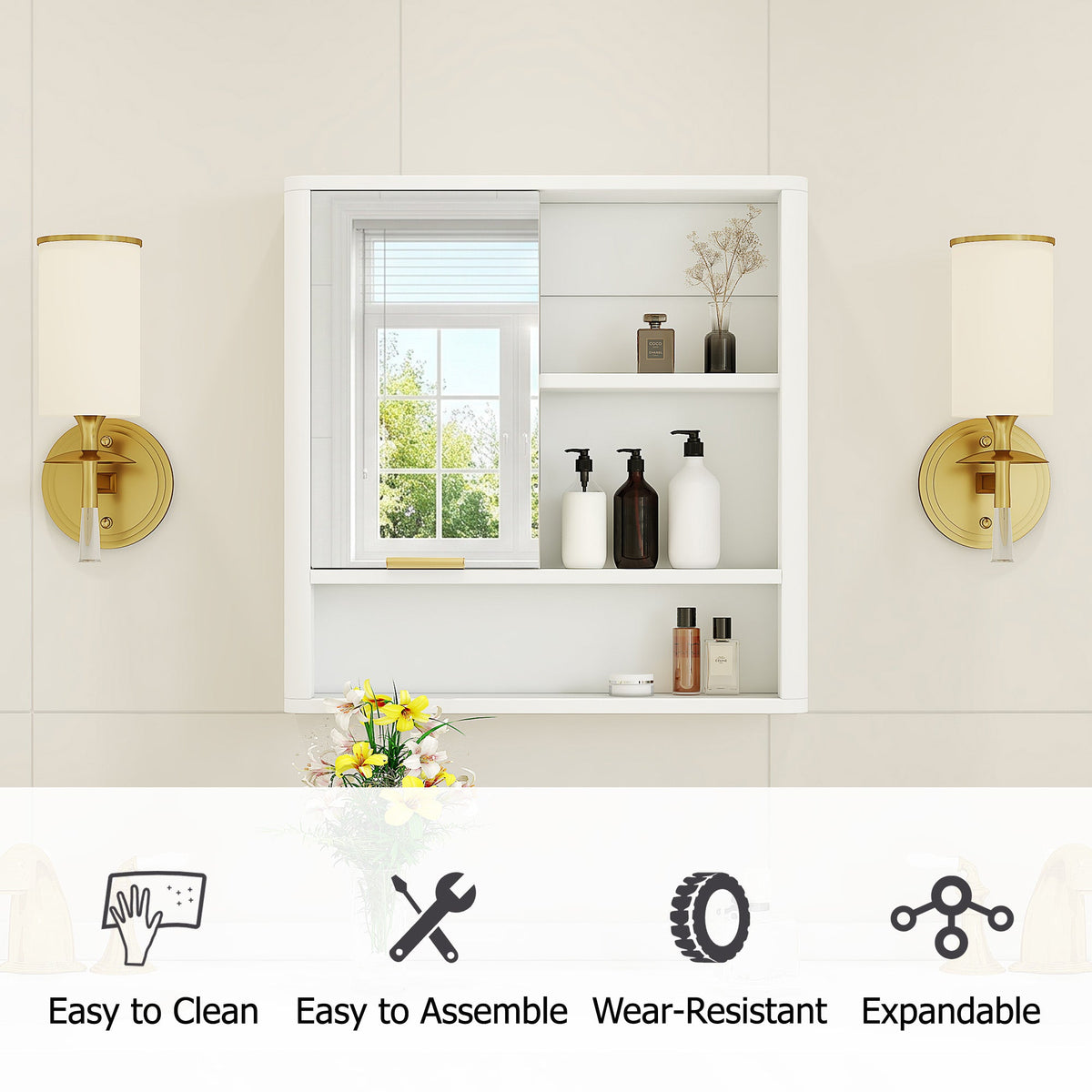 Modern Bathroom Mirror Cabinet with Open Shelves - Bathroom Storage, MDF