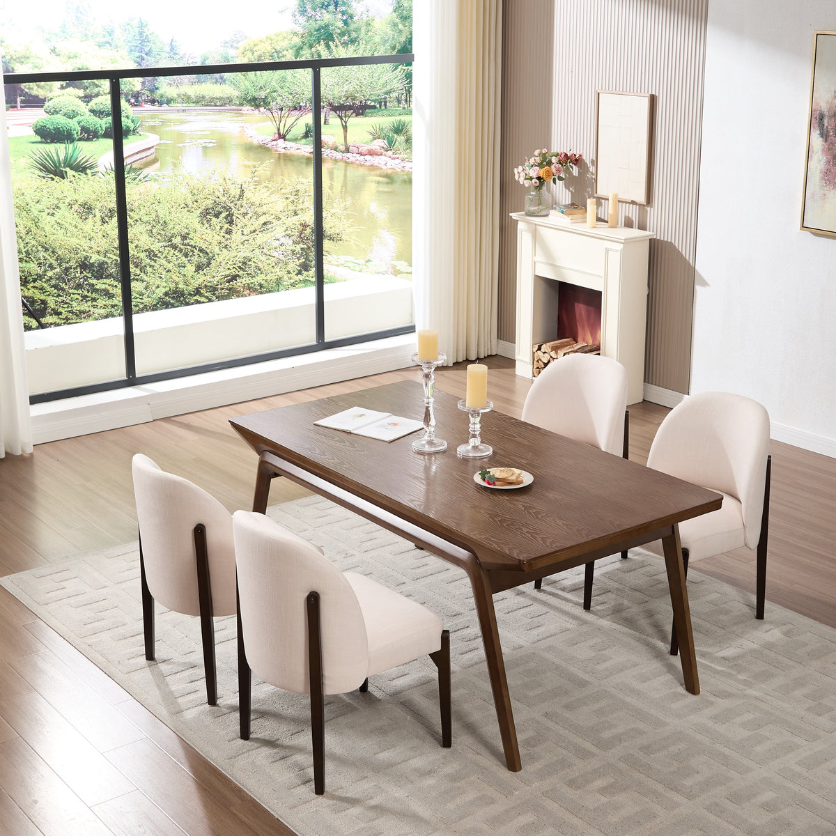 Wooden Dining Chairs Set of 2 with Fabric Upholstery - Beige