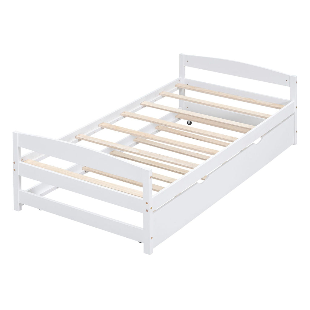 Twin Size Platform Bed with Trundle - Solid Wood Frame - Dark Gray or White