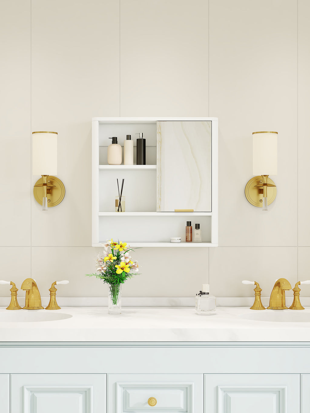 Modern Bathroom Mirror Cabinet with Open Shelves - Bathroom Storage, MDF
