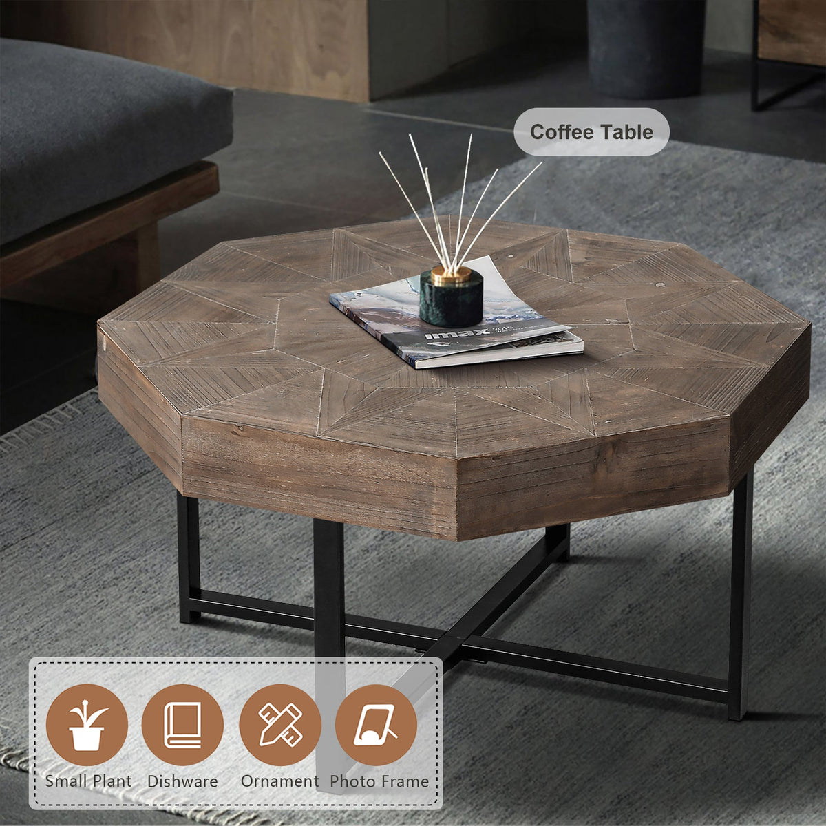 Wood Octagonal Vintage Patchwork Coffee Table with Metal Frame - Antique Brown