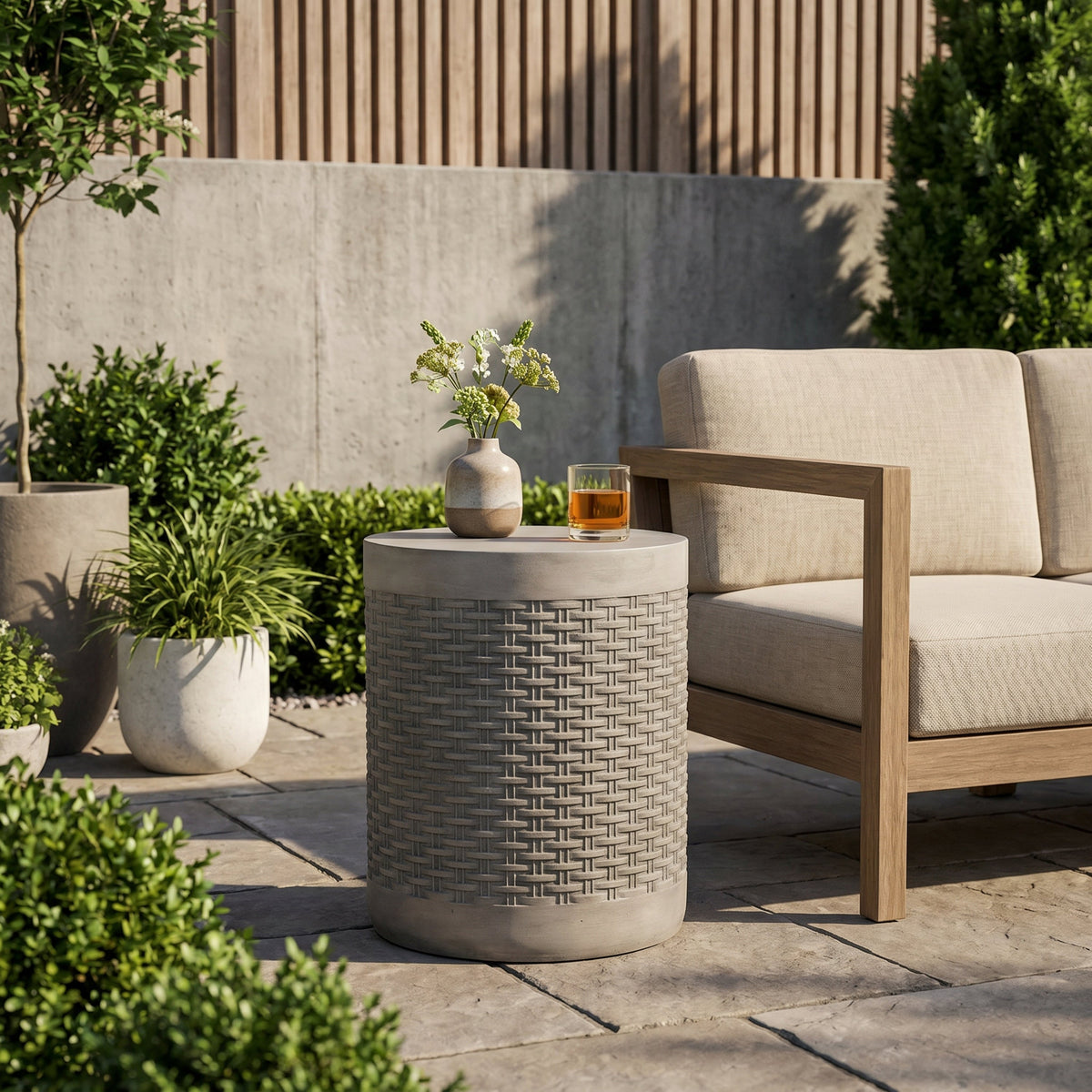 Outdoor Lightweight Round Concrete Side Table with Modern Design - Grey