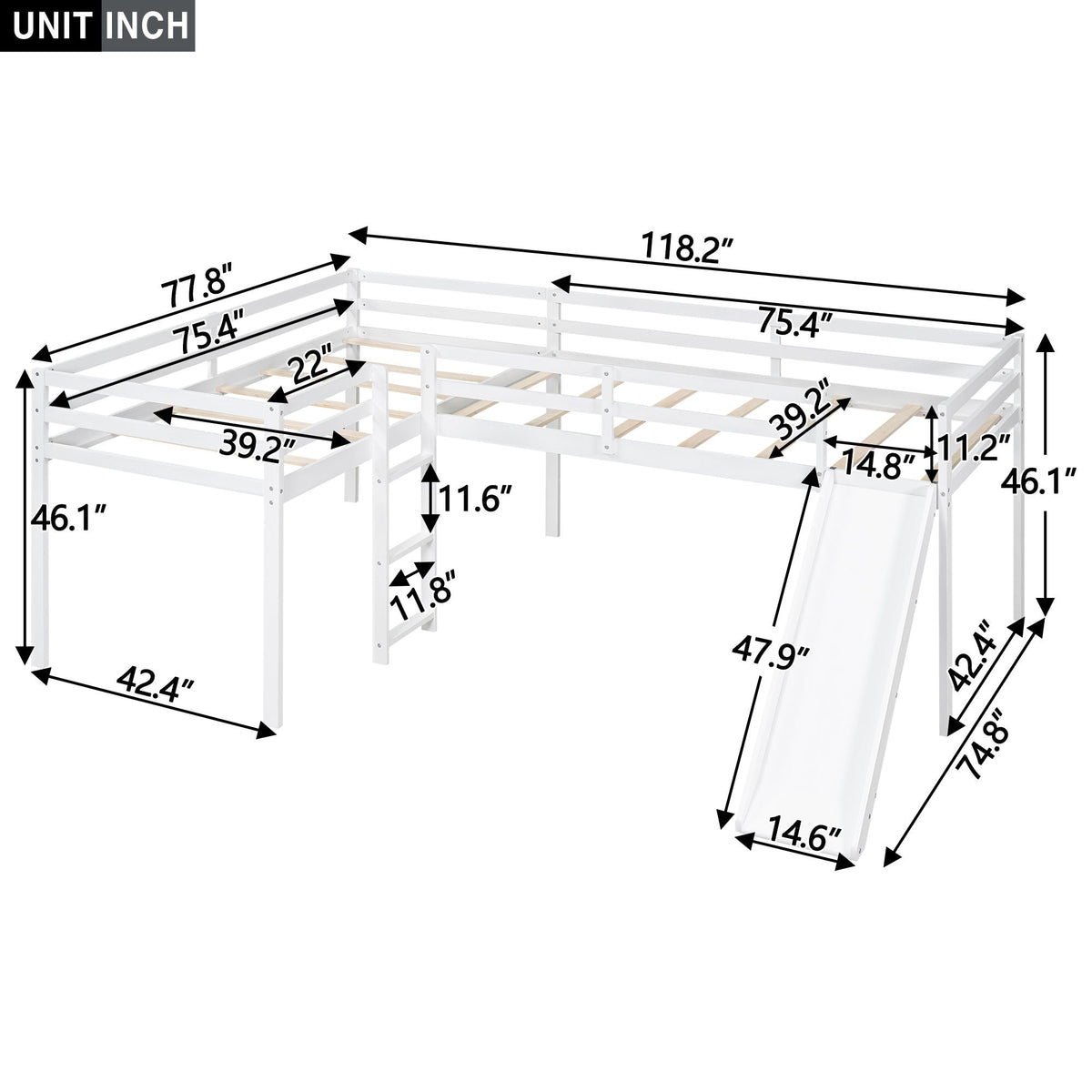 L Shaped Loft Bed with Slide and Ladder - Twin Size, Solid Wood - White or Dark Gray