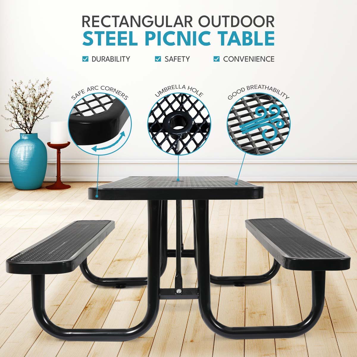 Outdoor Steel Picnic Rectangular Table with Umbrella Pole - Black, Blue, or Dark Green
