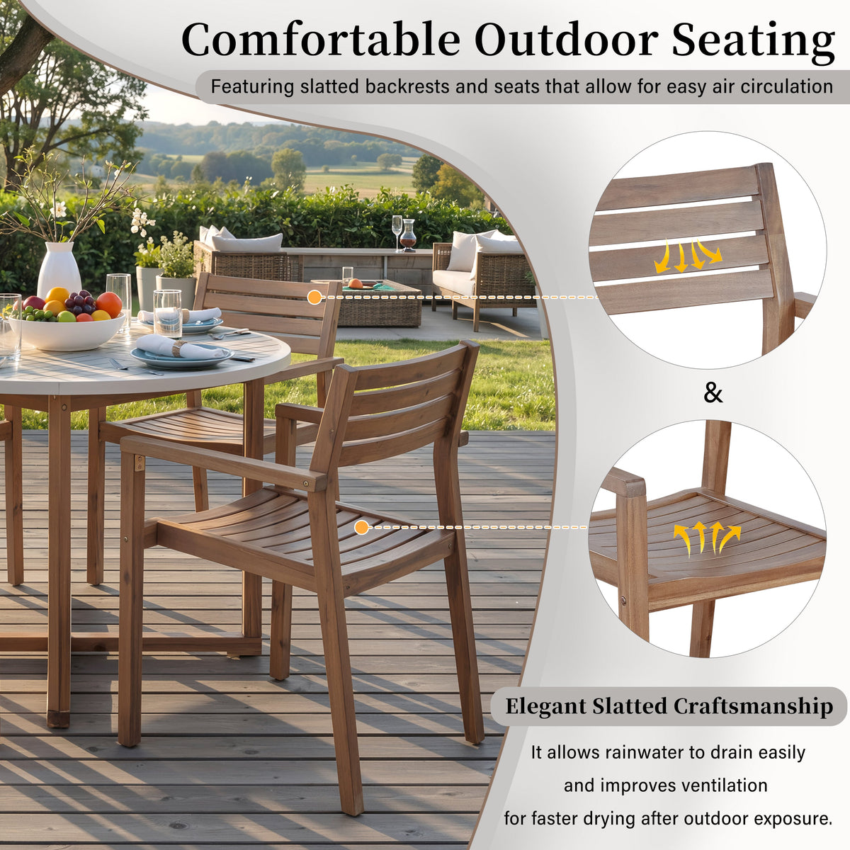 Acacia Wood Outdoor Dining Set with 47.2" Round Table - Natural