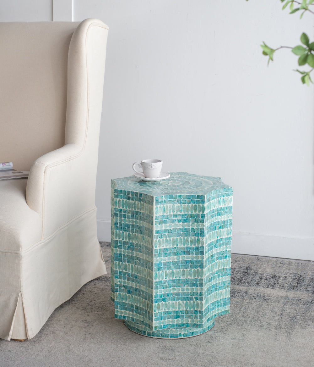 Capiz Design Pedestal Stool with Starburst Capiz Inlay - 17x17x20 Inches
