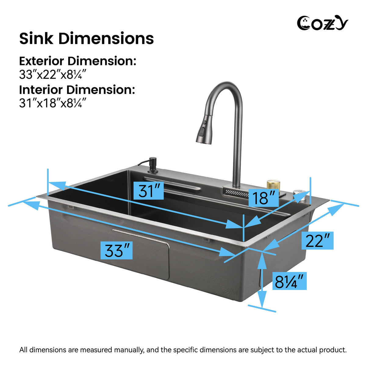 Stainless Steel Waterfall Kitchen Sink with Single Bowl - Black