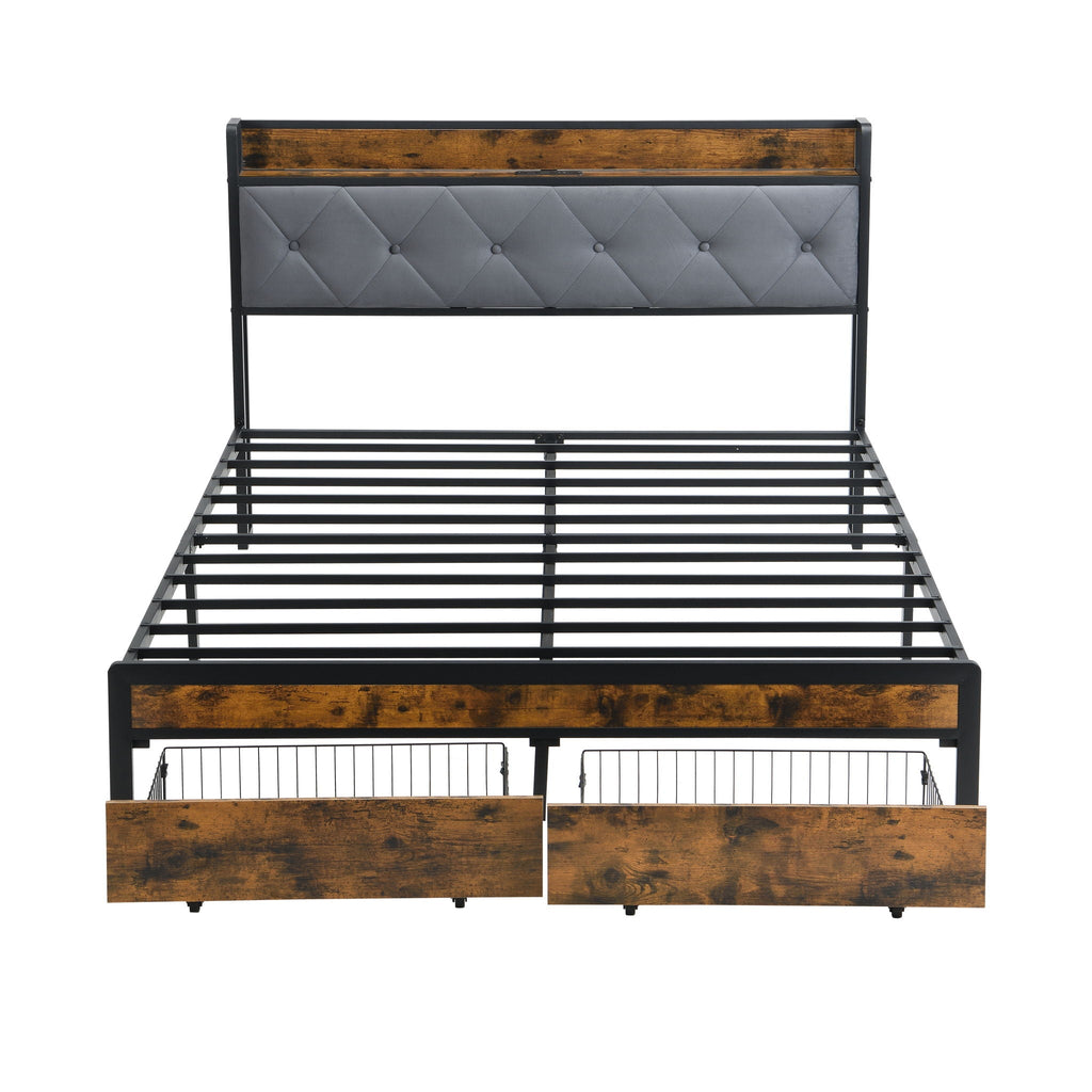 Modern Platform Bed Frame with LED Lights and USB Charging - Dark Brown or Light Brown