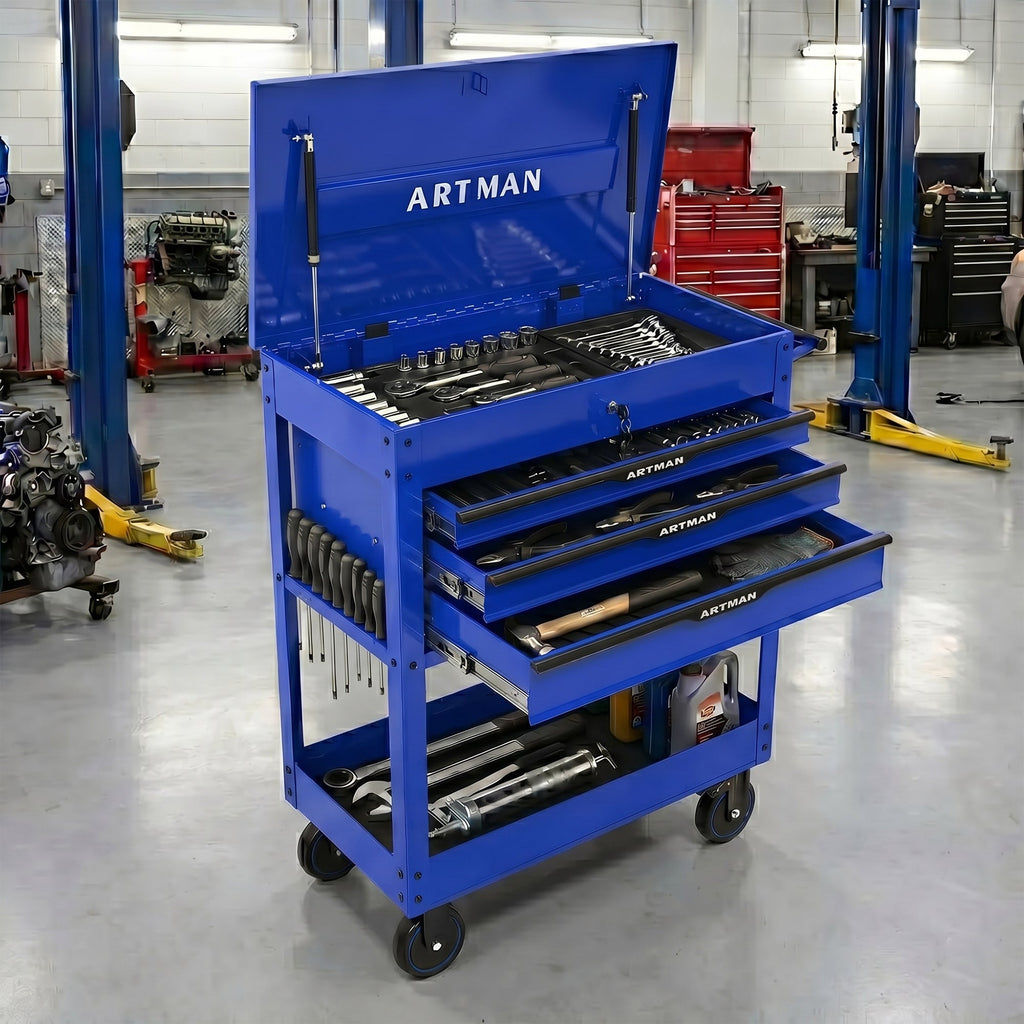 3 Drawers Multifunctional Tool Cart With Wheels - Blue & Black
