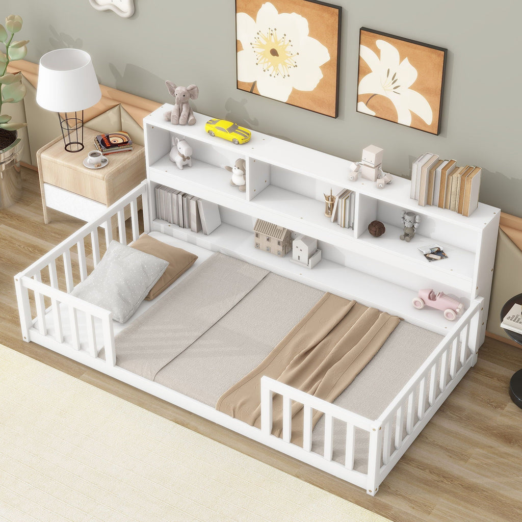 Twin Storage Bed with Bedside Bookcase and Guardrails - Gray or White