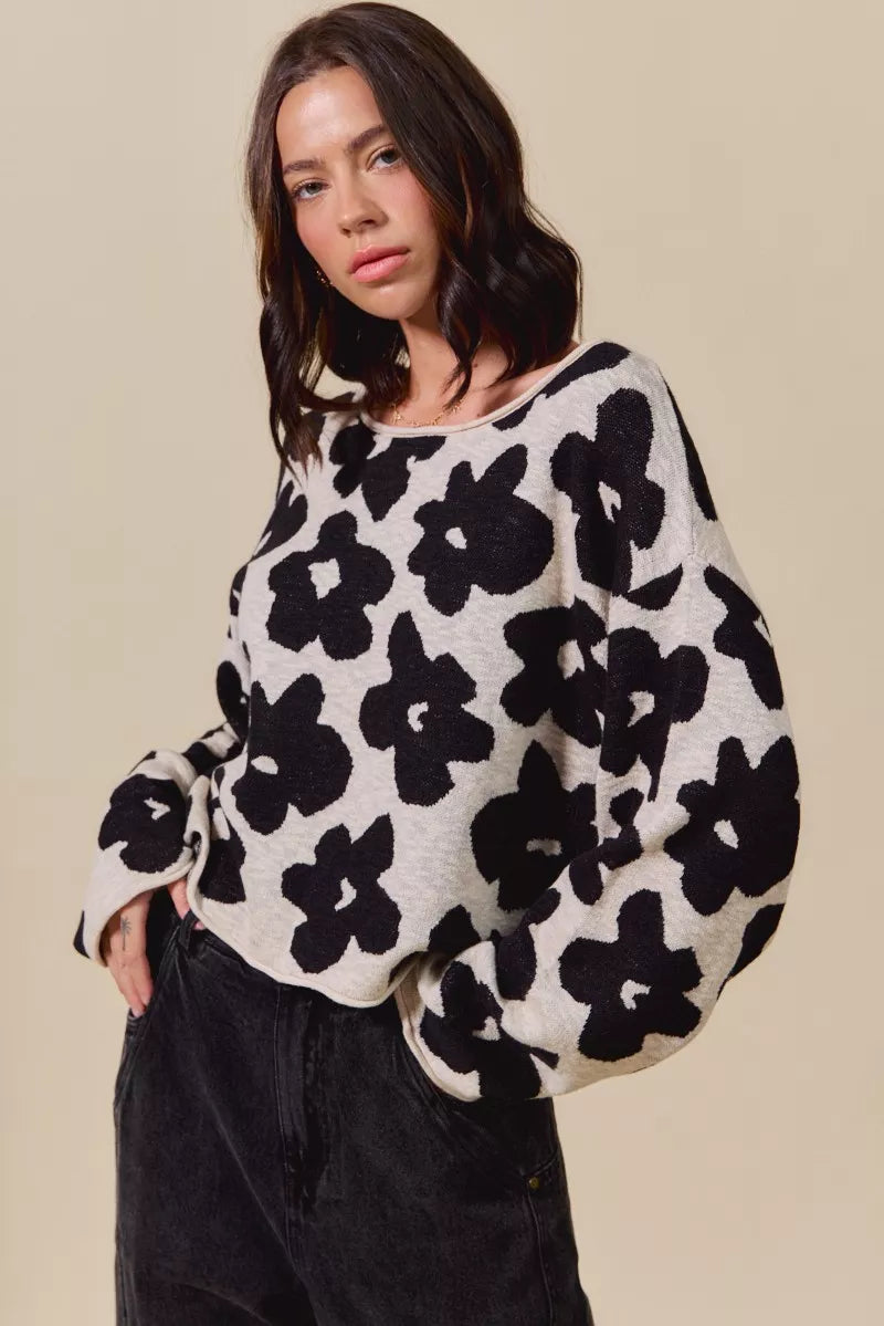 SO ME Loose Fit Flower Lightweight Sweater Top