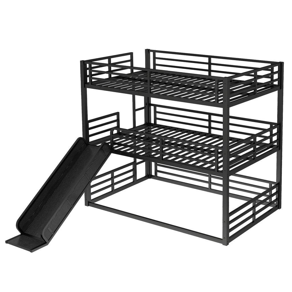 Full Over Full Over Full Bunk Bed with Slide and Guardrails - Metal
