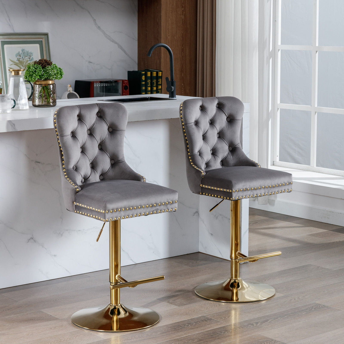 Modern Upholstered Swivel Barstools with Adjustable Height - Set of 2