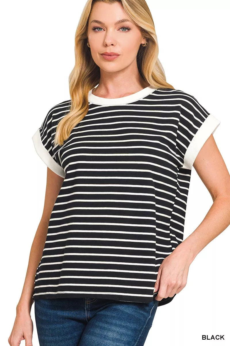 Zenana Full Size Contrast Trim Cap Sleeve Stripe Tee Plus Size