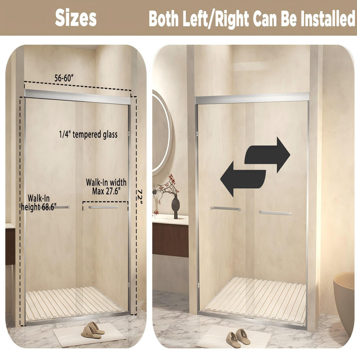 Double Sliding Shower Door with Explosion Proof Film - Black, Gray, or Dark Gray