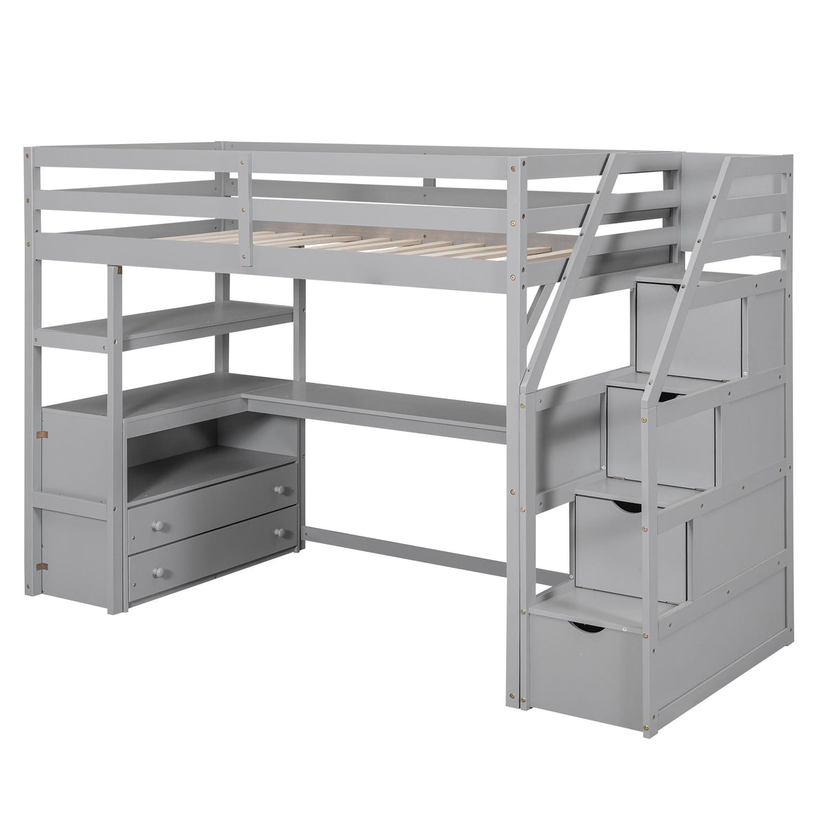 Loft Bed with Desk and Storage Staircase - Full or Twin, White or Gray