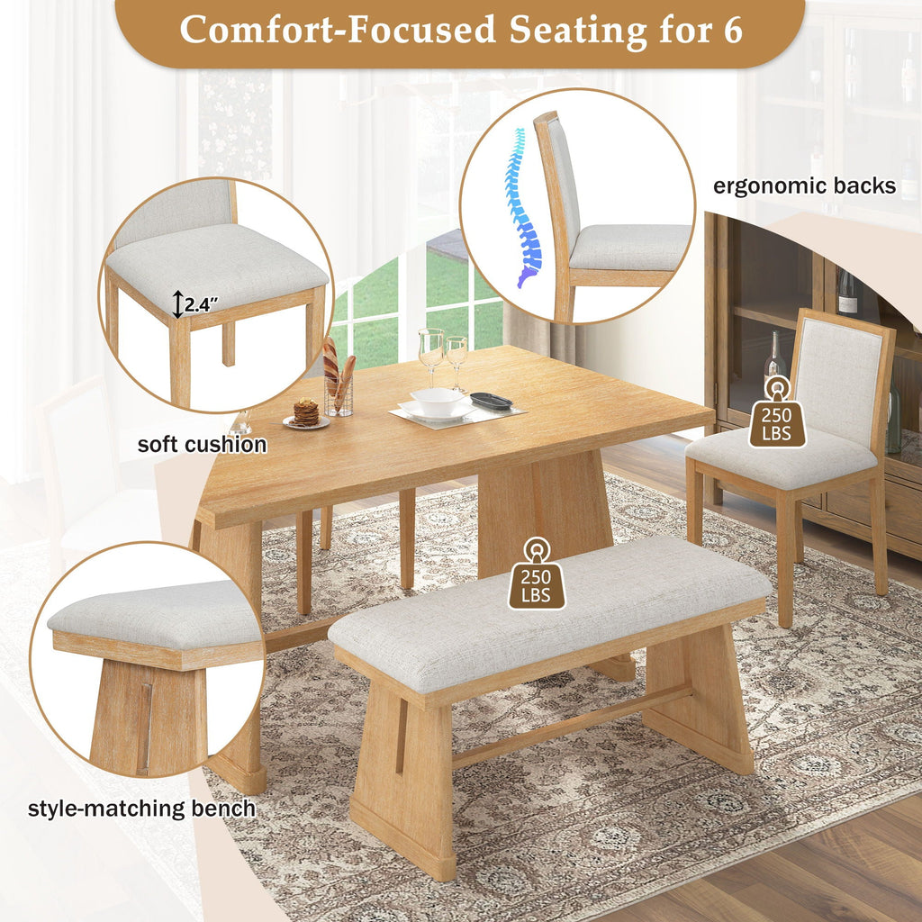 6 Piece Dining Room Set with Upholstered Chairs & Padded Bench - Light or Dark Brown