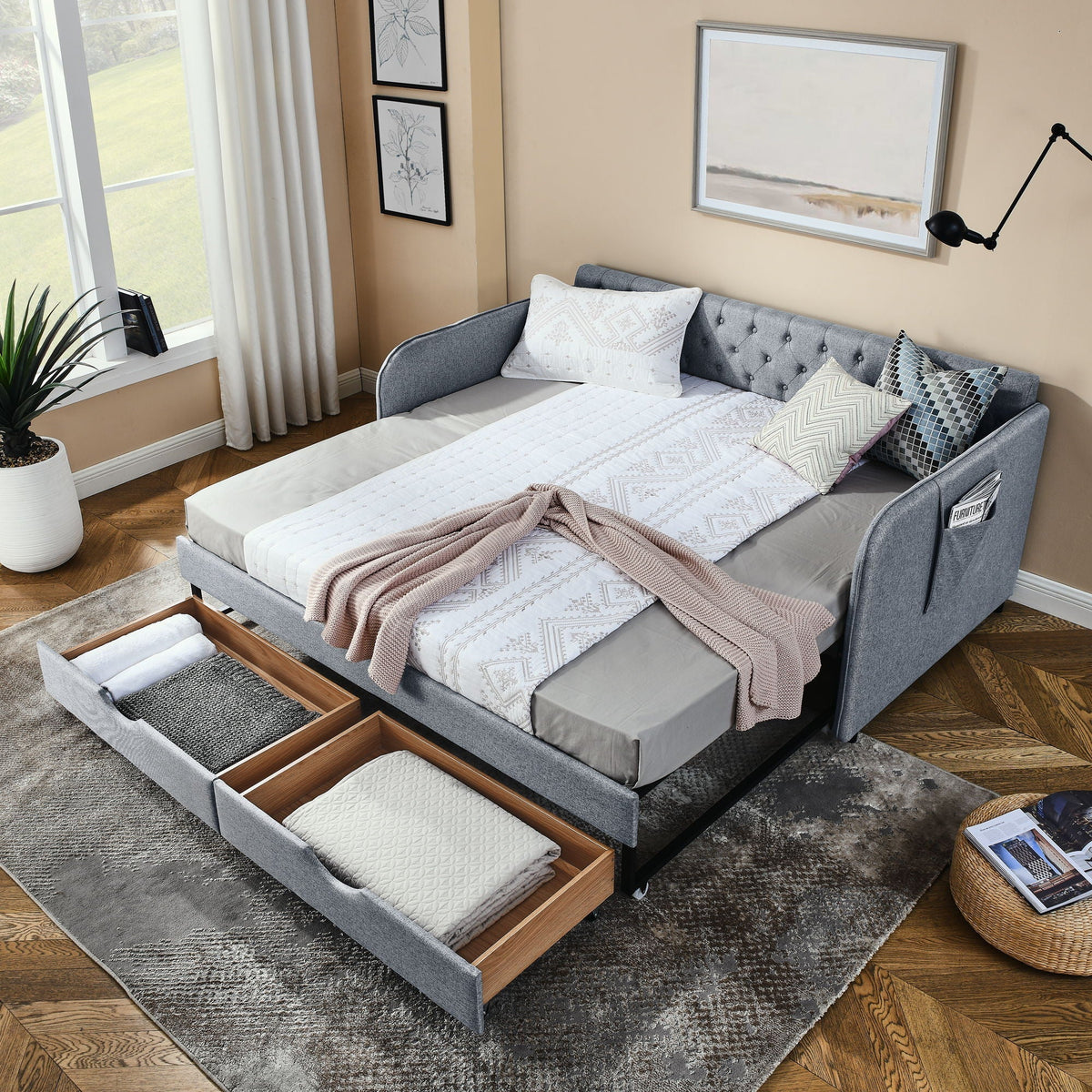 Daybed with Trundle and Storage Drawers - Twin, Fabric Upholstered - Multiple Colors