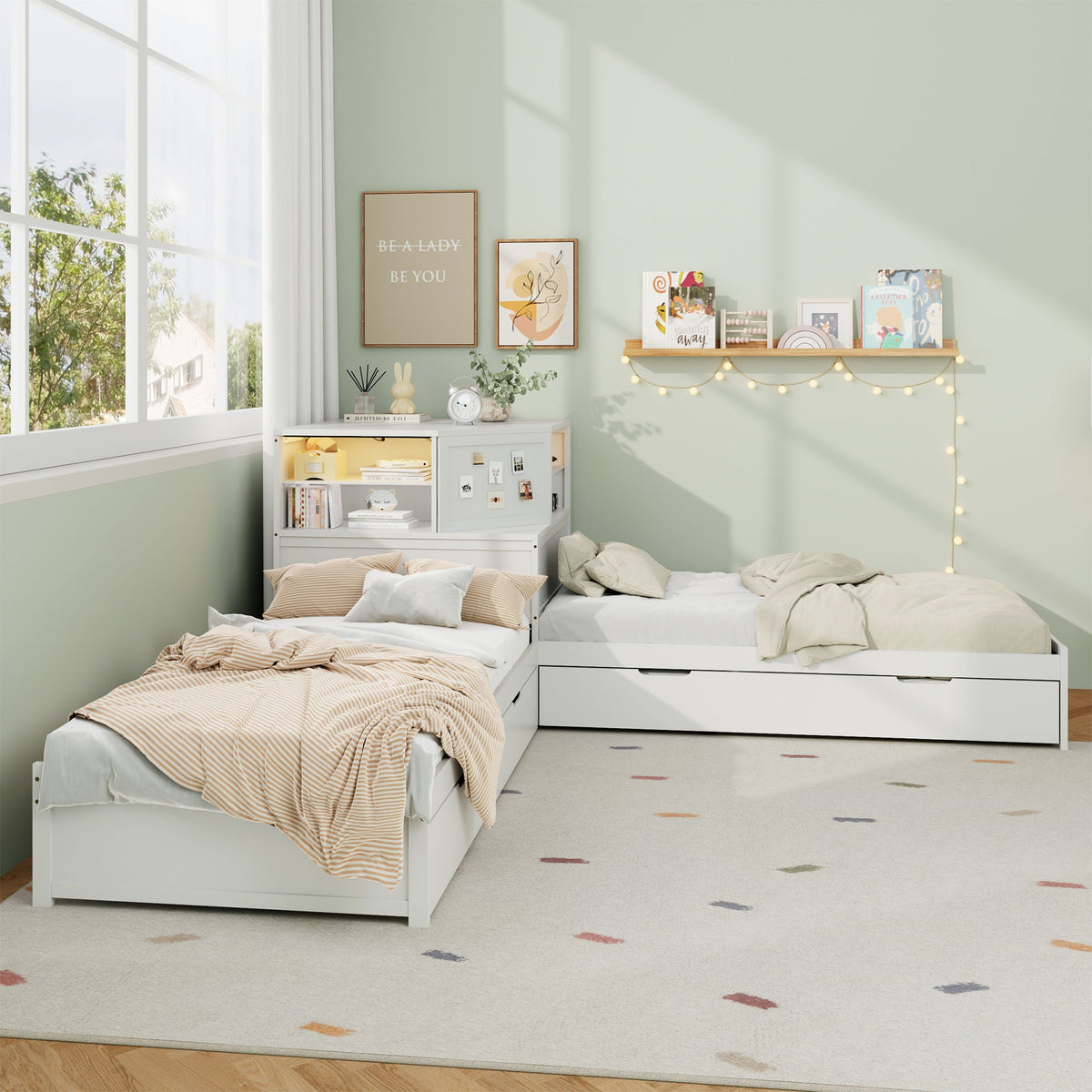 L-Shaped Bed Frame with Trundle, Desk & LED Lighting - Twin