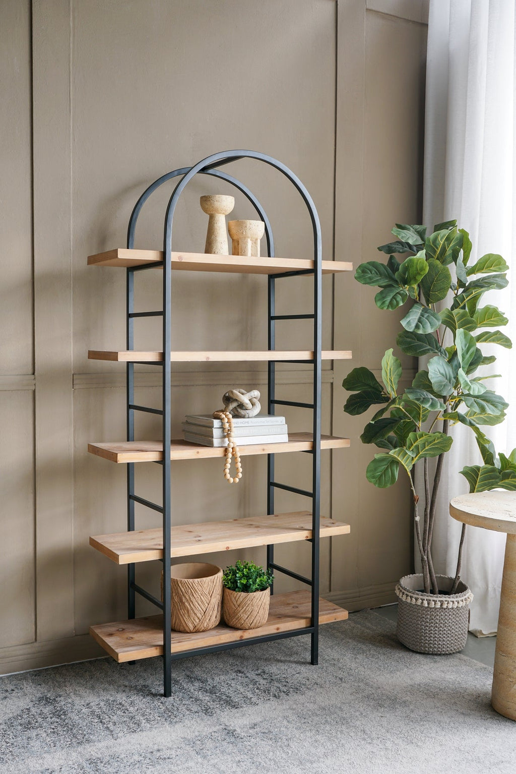 Tall Arched Wood and Iron Display Shelf with Striking Design