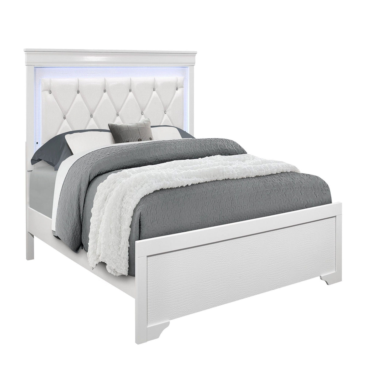 Panel Bed with LED Lighting and Tufted Headboard - White or Dark Gray