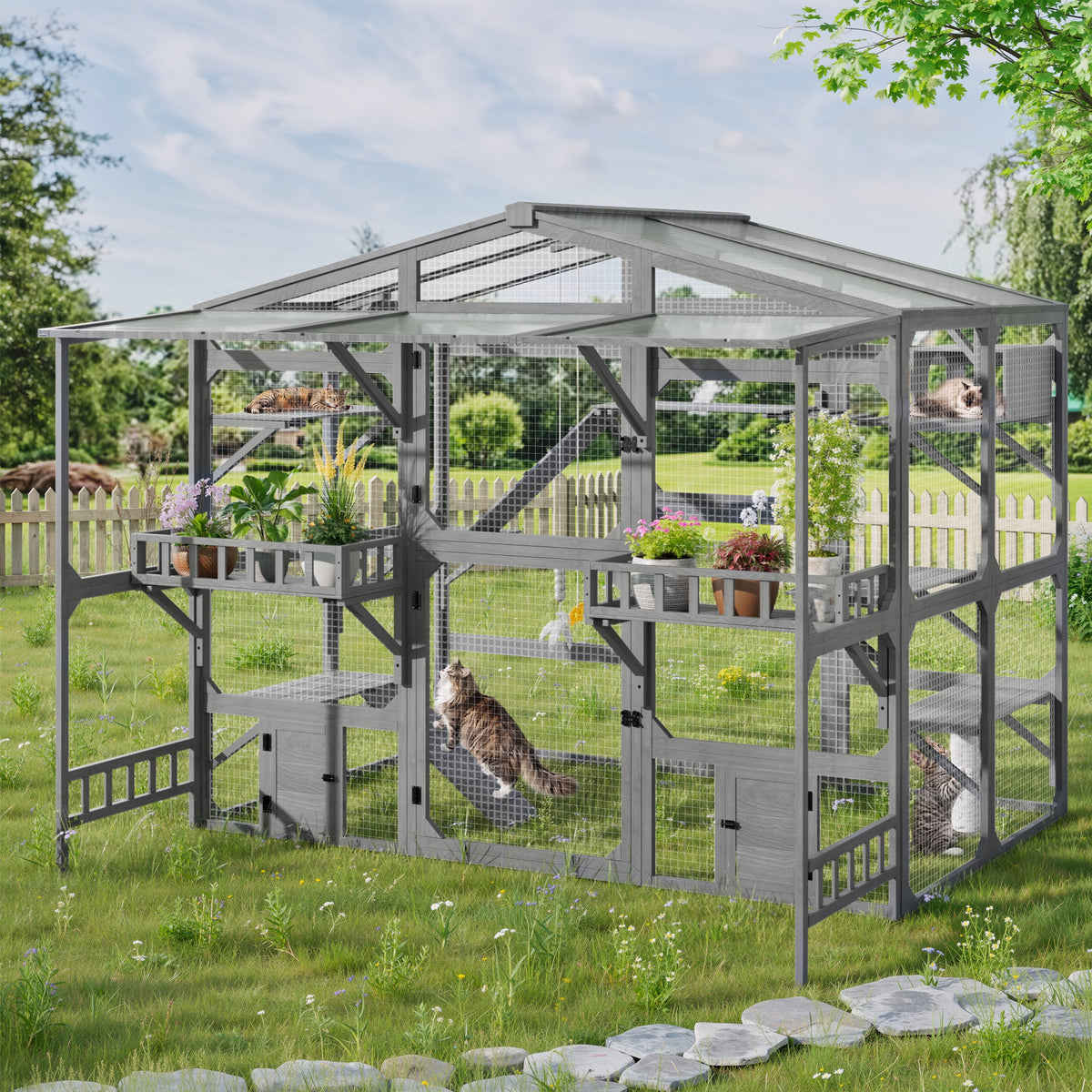 Large Outdoor Catio for Cats with Climbing Platforms - Pine