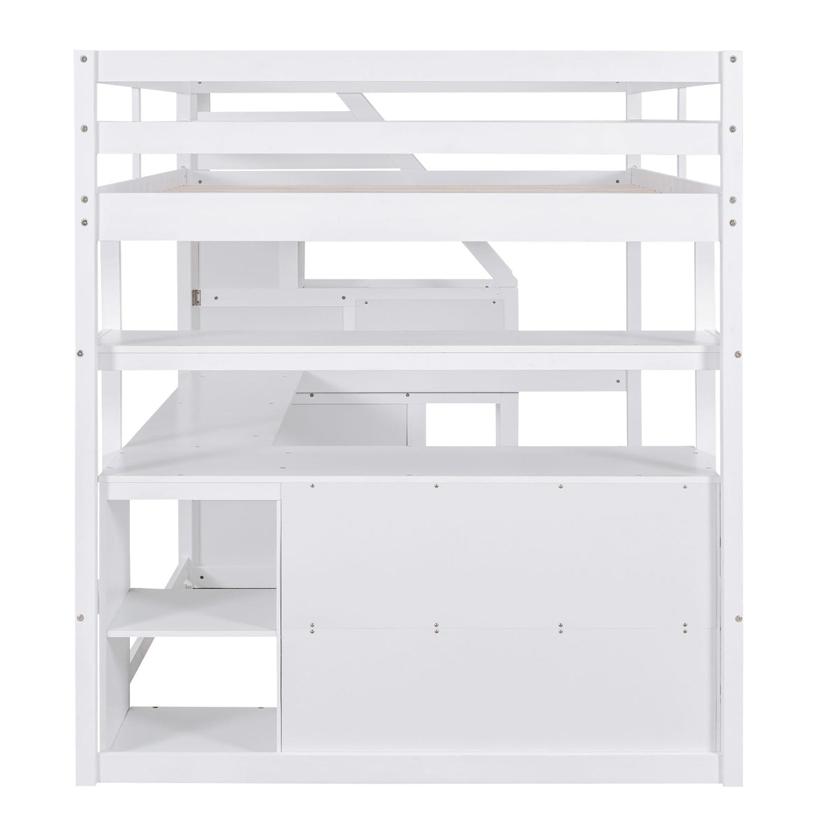 Loft Bed with Desk and Storage Staircase - Full or Twin, White or Gray