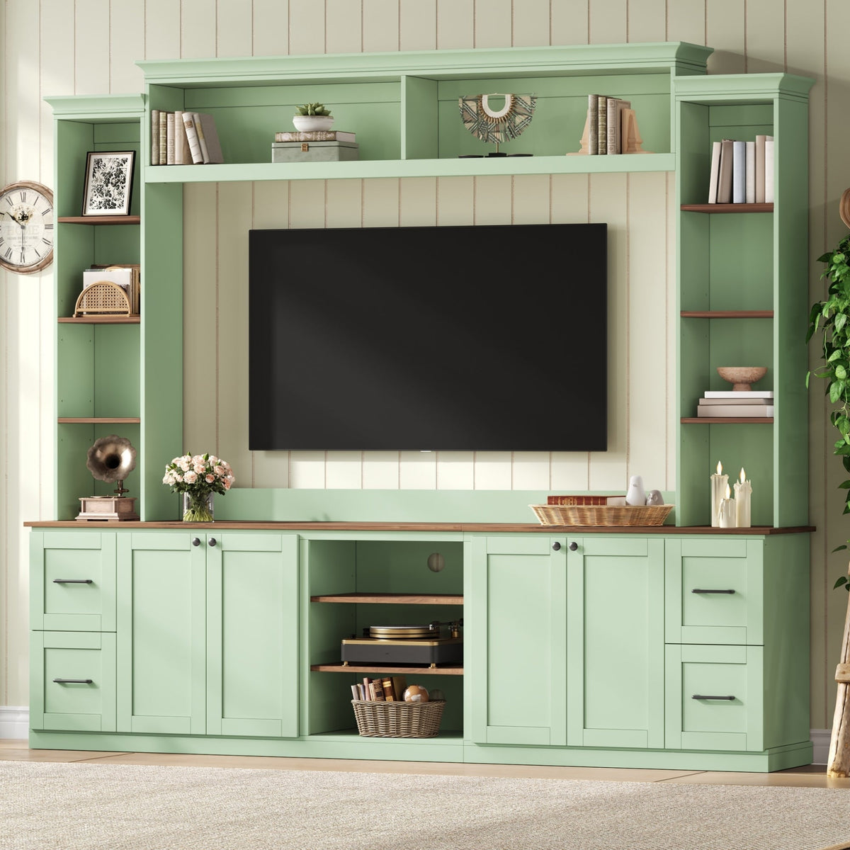 4-in-1 Entertainment Center Wall Unit with Bookshelf for TVs Up to 70" - Black, White, Green