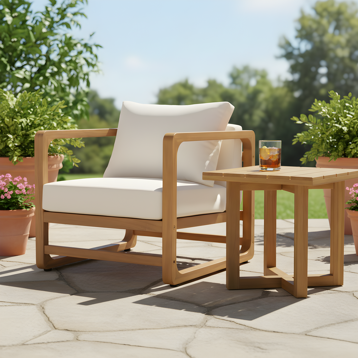 Acacia Wood Lounge Chair with Cushions & Cross-Stretcher Side Table Set