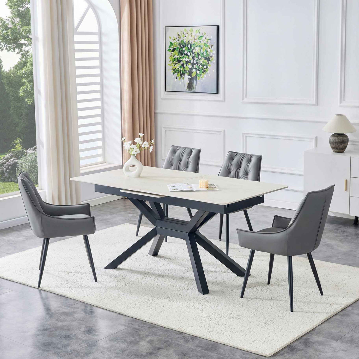Dark Gray Dining Kitchen Chairs, Flat Back (Set of 2) with Metal Legs