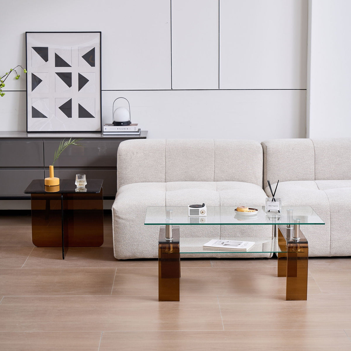 Modern Tempered Glass Coffee Table With 2 Tier Storage For Living Room