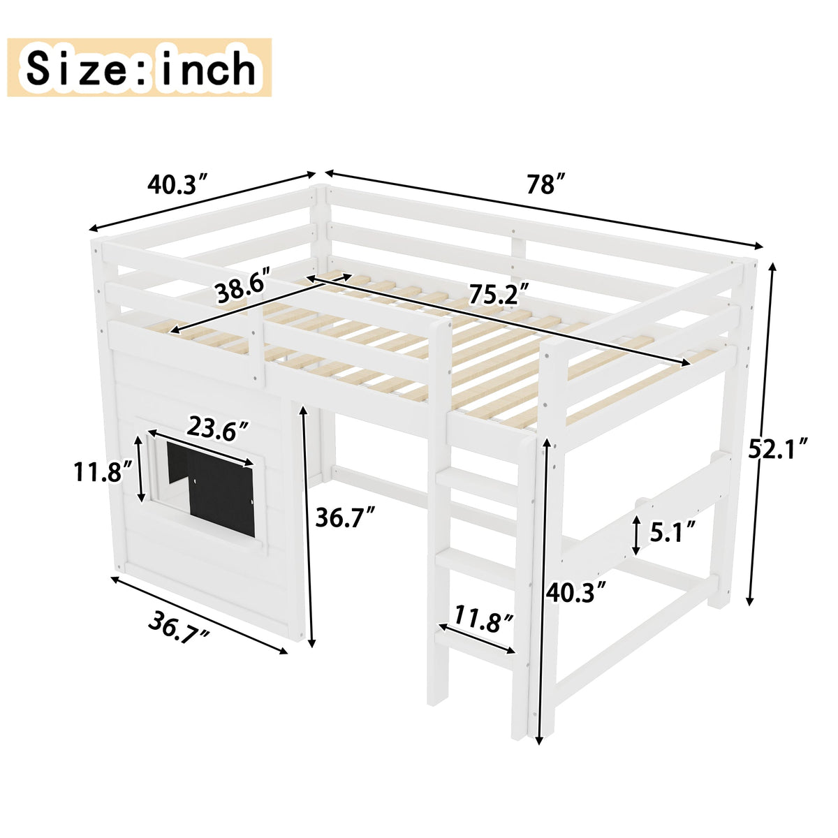 Twin Size Loft Bed with Sliding Chalkboard & Bookshelf - White