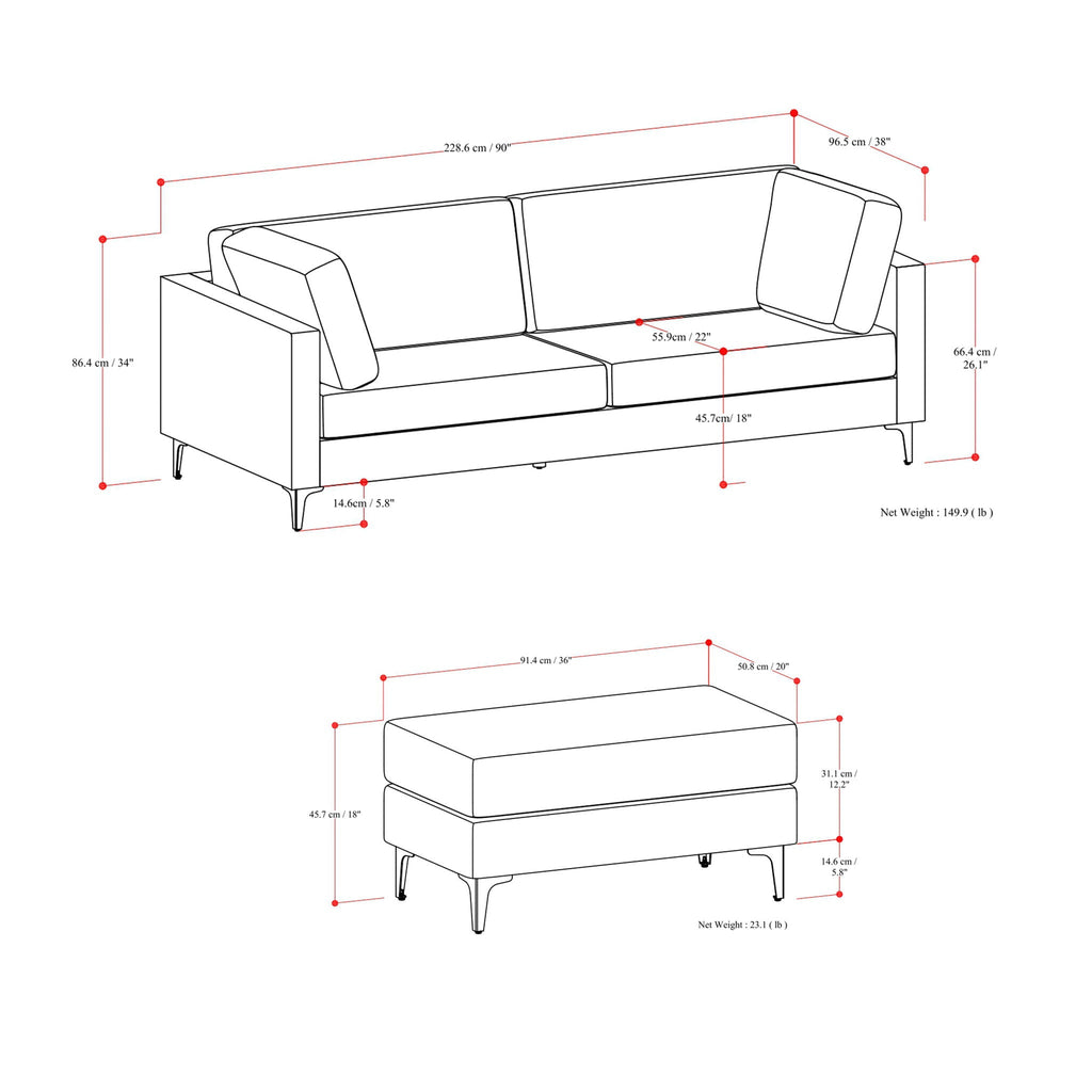 Mid Century Sofa With Ottoman Set in Performance Fabric - Dark Gray or Beige