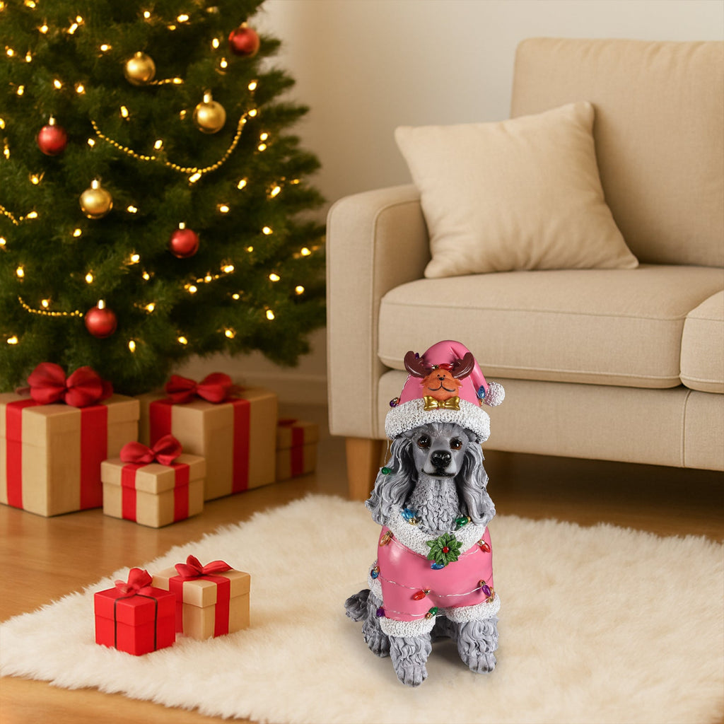 Christmas Poodle Statue with Festive Santa Outfit - Multicolor