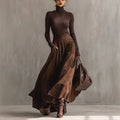 Beige Turtleneck Long Flared Skirt Set