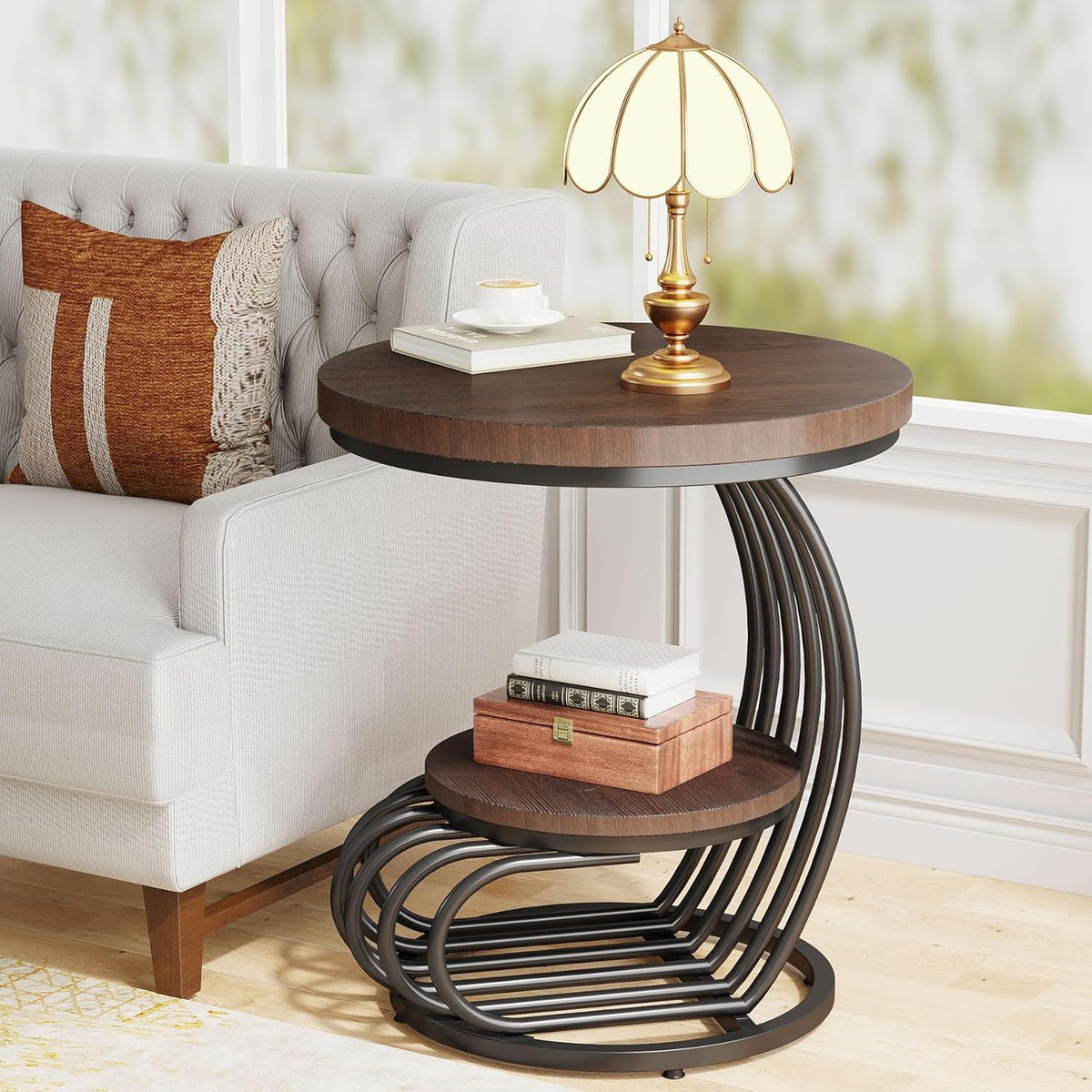 Round Vintage End Table with 2 Tier Storage - Dark Brown, Light Brown, White