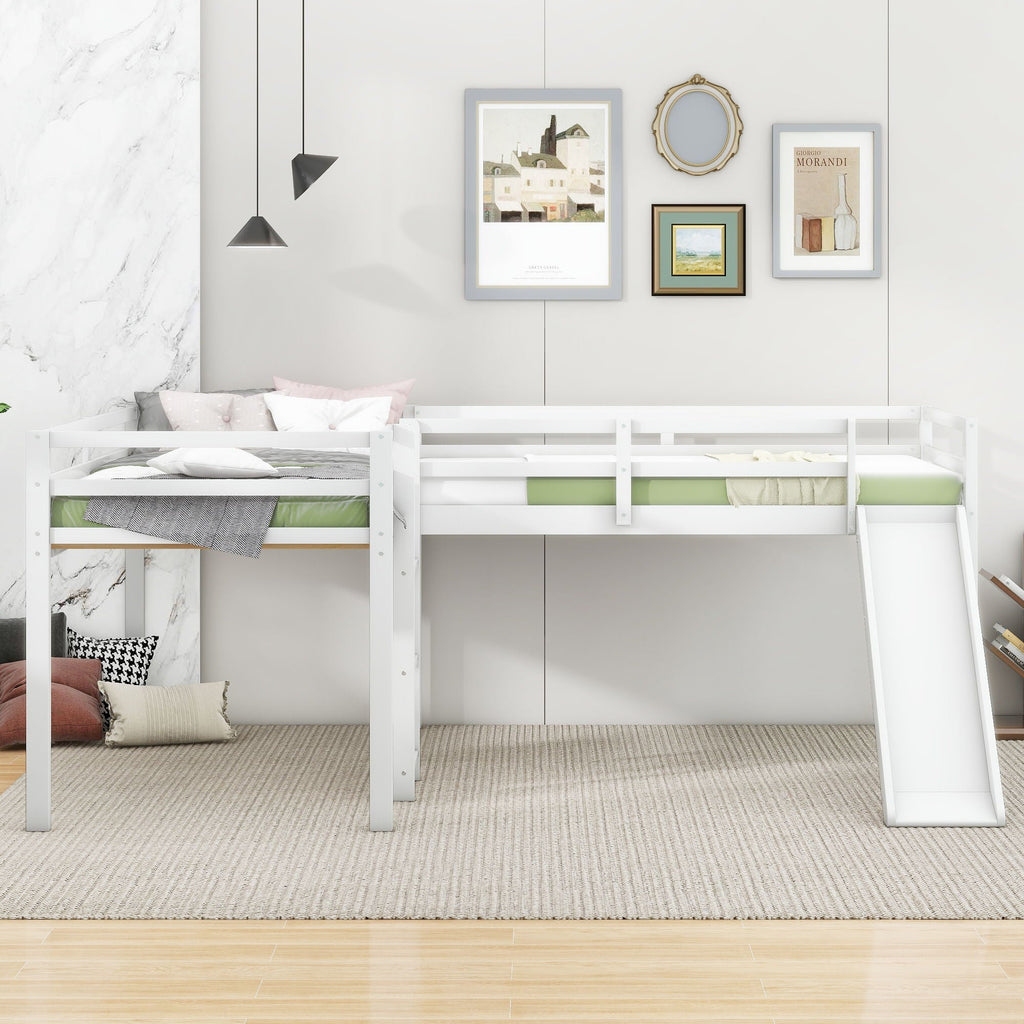 L Shaped Loft Bed with Slide and Ladder - Twin Size, Solid Wood - White or Dark Gray