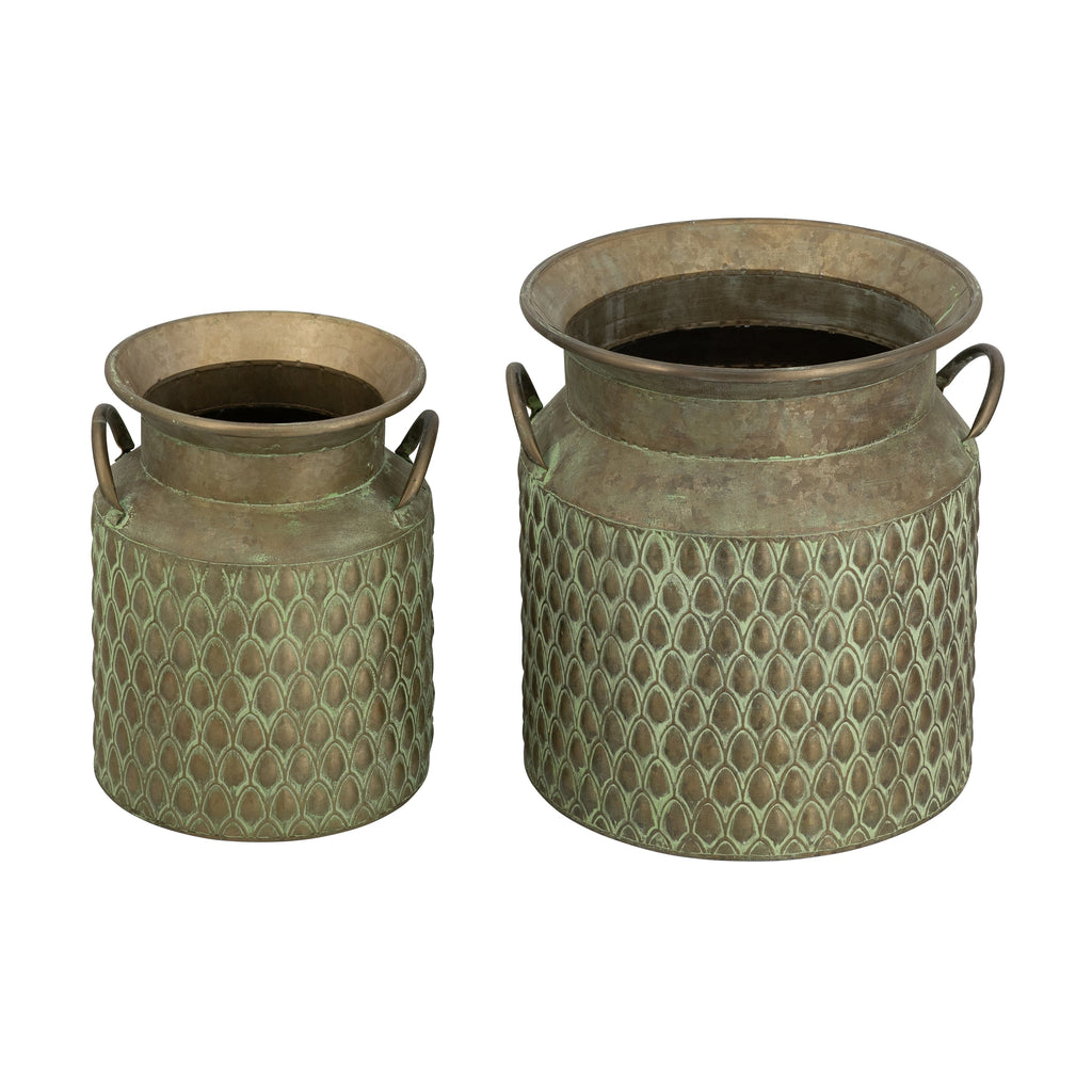 Iron Milk Jug Planters with Textured Green Finish – Set of 2