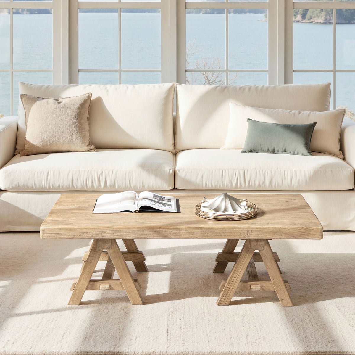 Trestle Coffee Table with Solid Reclaimed Elm Construction - Dark or Light Brown