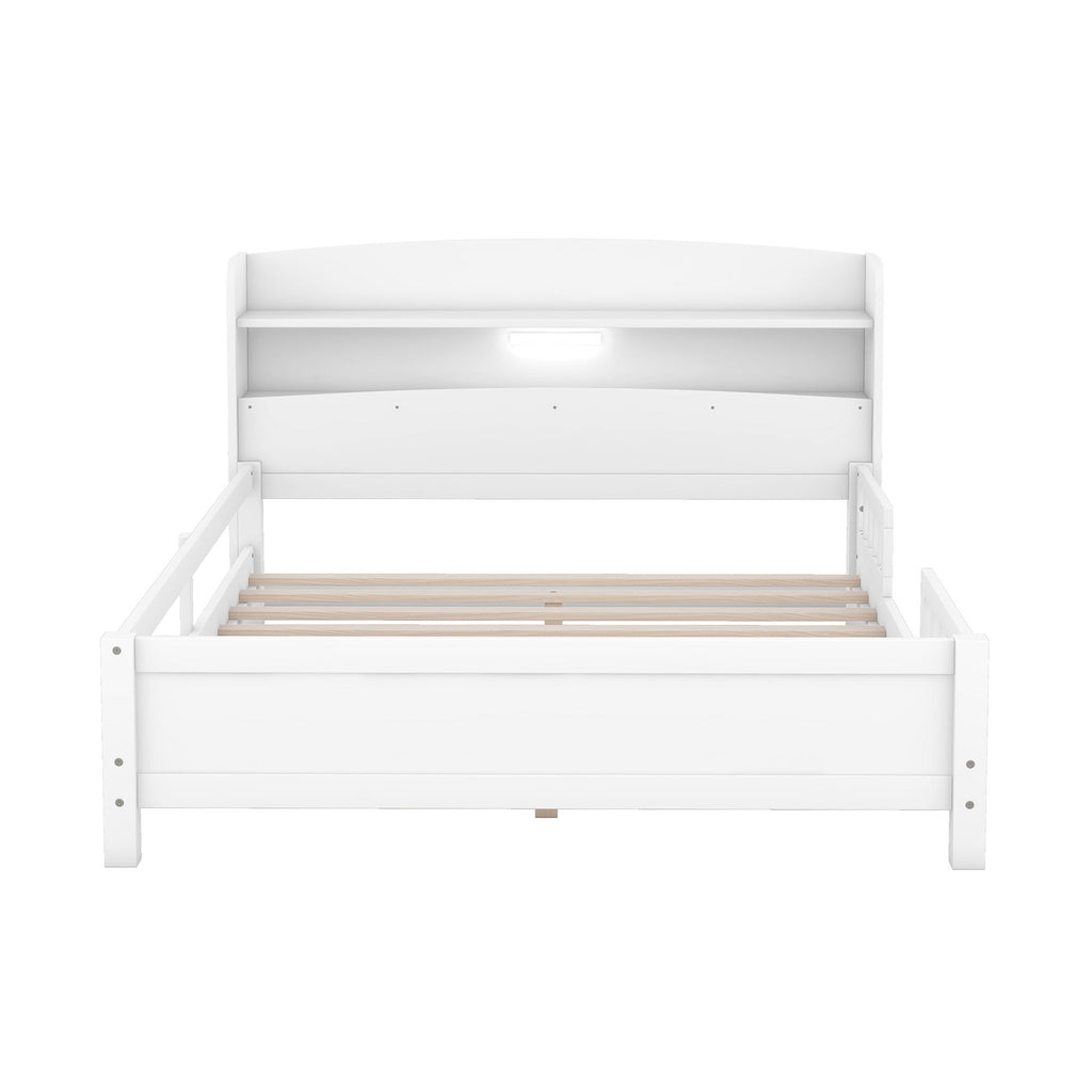 Wood Platform Bed With Built In LED Light, Storage Headboard And Guardrail