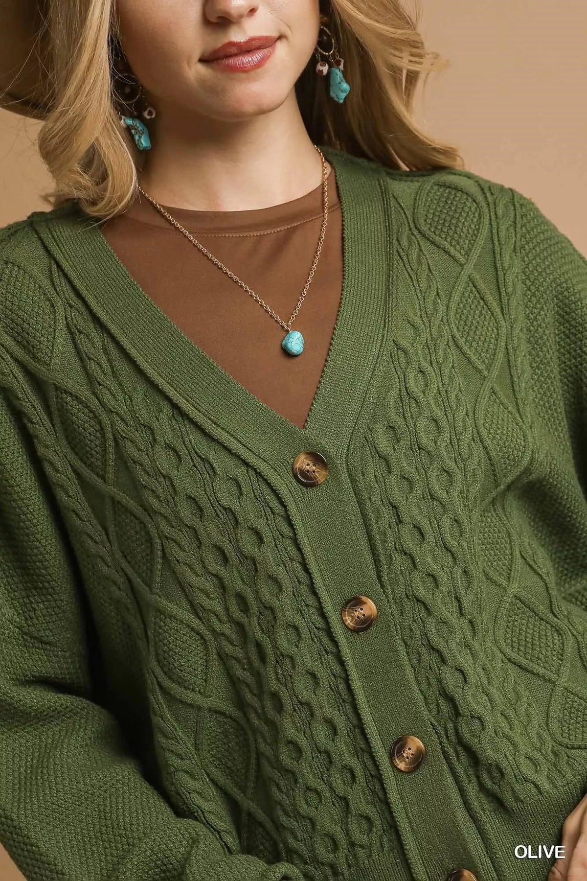 Umgee Chunky Cable Knit V-Neck Button-Up Cardigan