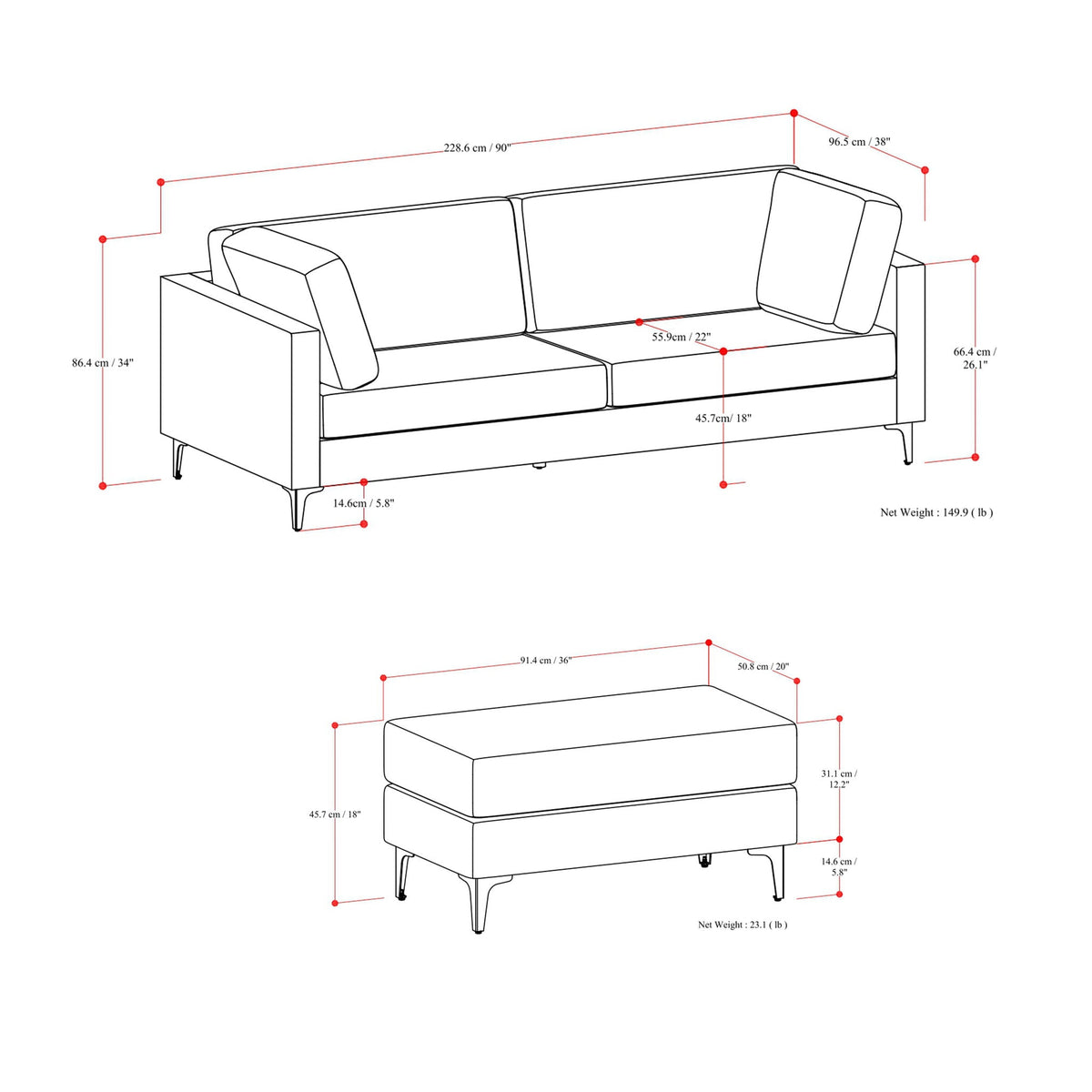 Mid Century Sofa With Ottoman Set in Performance Fabric - Dark Gray or Beige