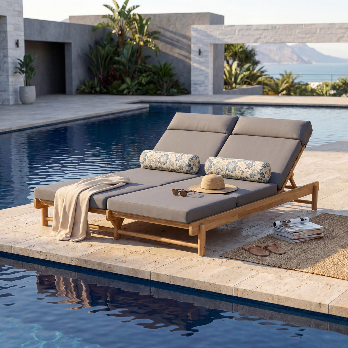 Light Teak Acacia Wood Double Chaise Lounger Set