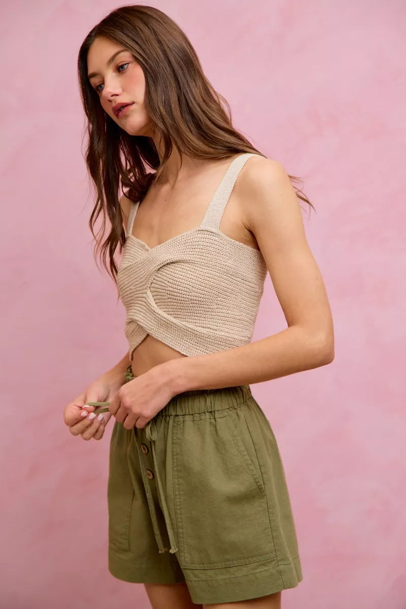SO ME Paper Bag Patch Pocket Drawstring Twill Shorts