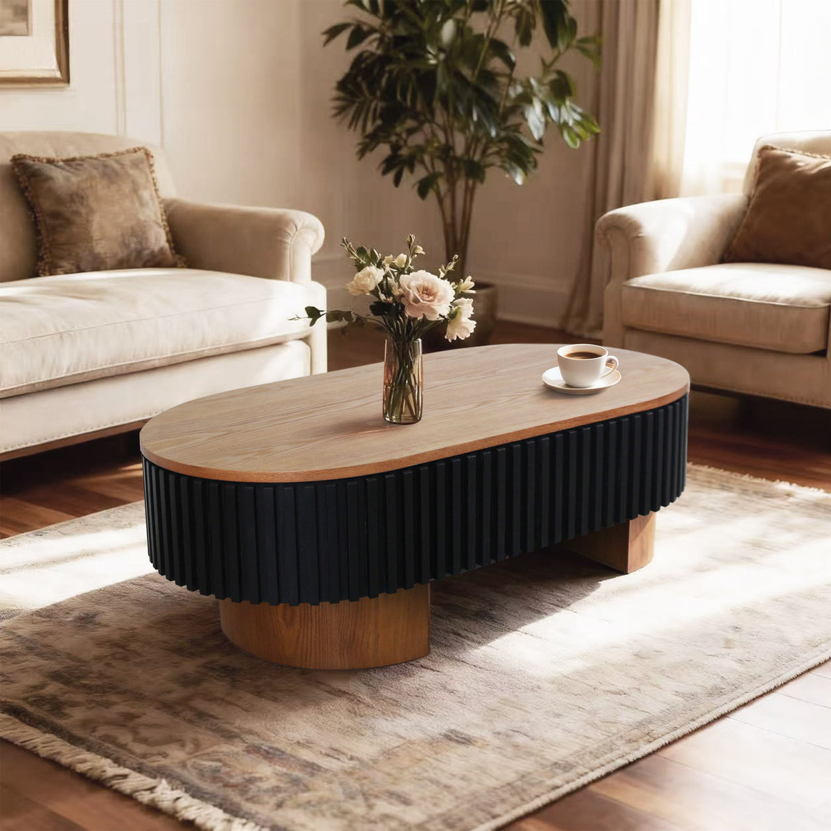 Elliptical Living Room Coffee Table with Hidden Storage and Removable Tabletop - Black or Light Brown
