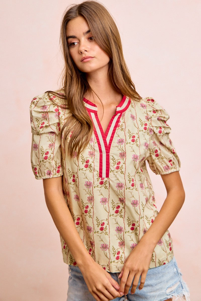 BiBi Floral Gather Sleeves Contrast Neckband Blouse Top