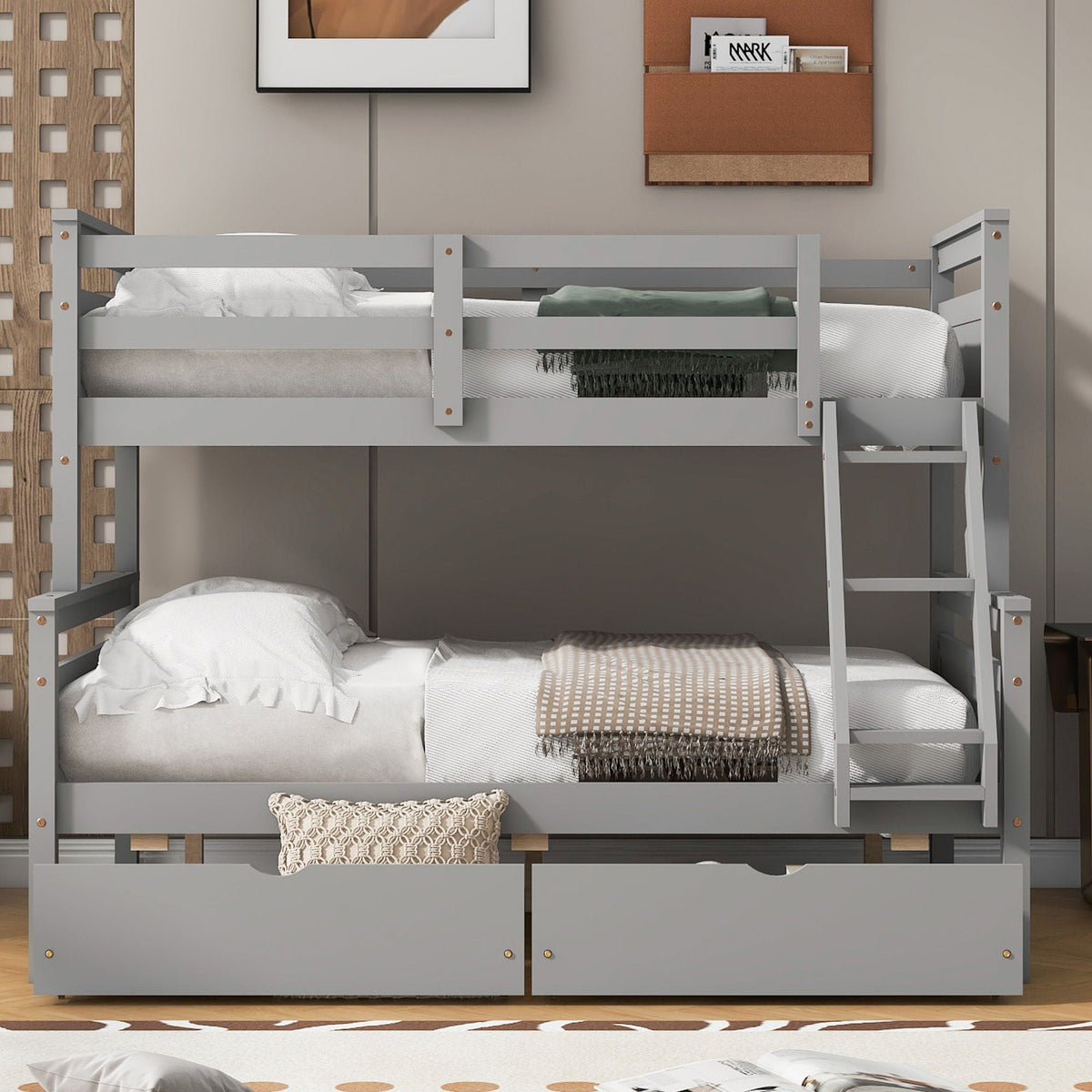 Twin Over Full Bunk Bed with Ladder and Storage Options - White or Dark Gray