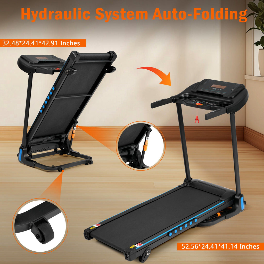 Incline Treadmill For Running & Walking, Hydraulic System Auto Folding With Type C & USB Charge For Android, 10Mph, Bluetooth Speaker - Black