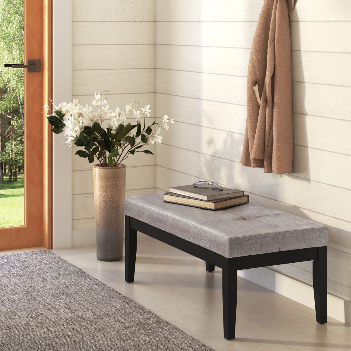 Upholstered Tufted Ottoman Bench with Solid Wood Base - Black, Brown, or Gray