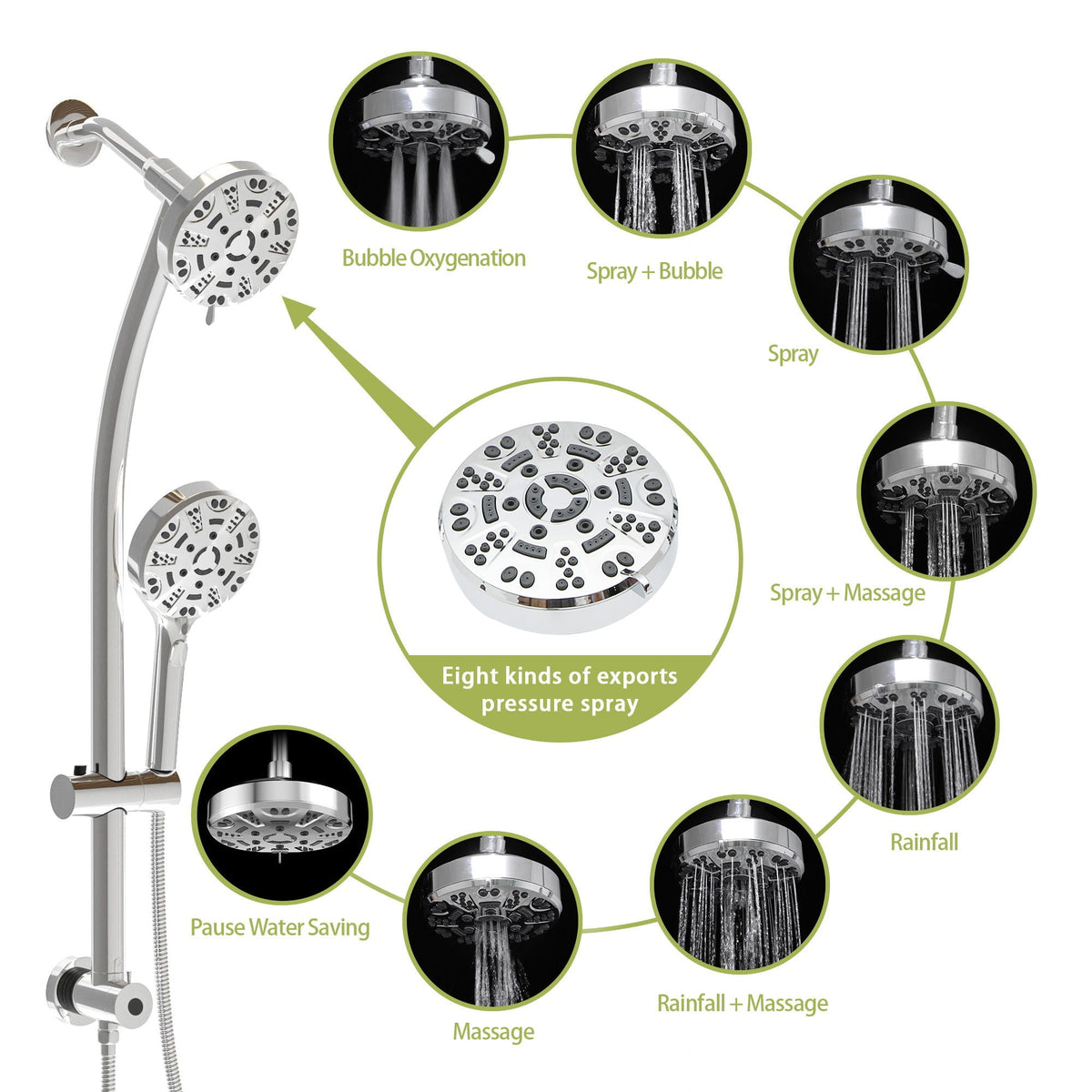 Multi Function Dual Shower Head System With 4.7" Rain Showerhead, 8 Function Hand Shower, Adjustable Slide Bar